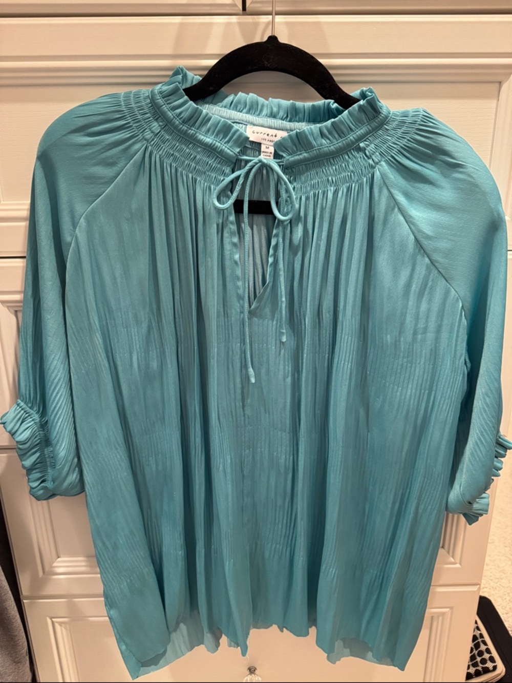 Current Air Pleated Tie-Neck Women’s Blouse in Aqua